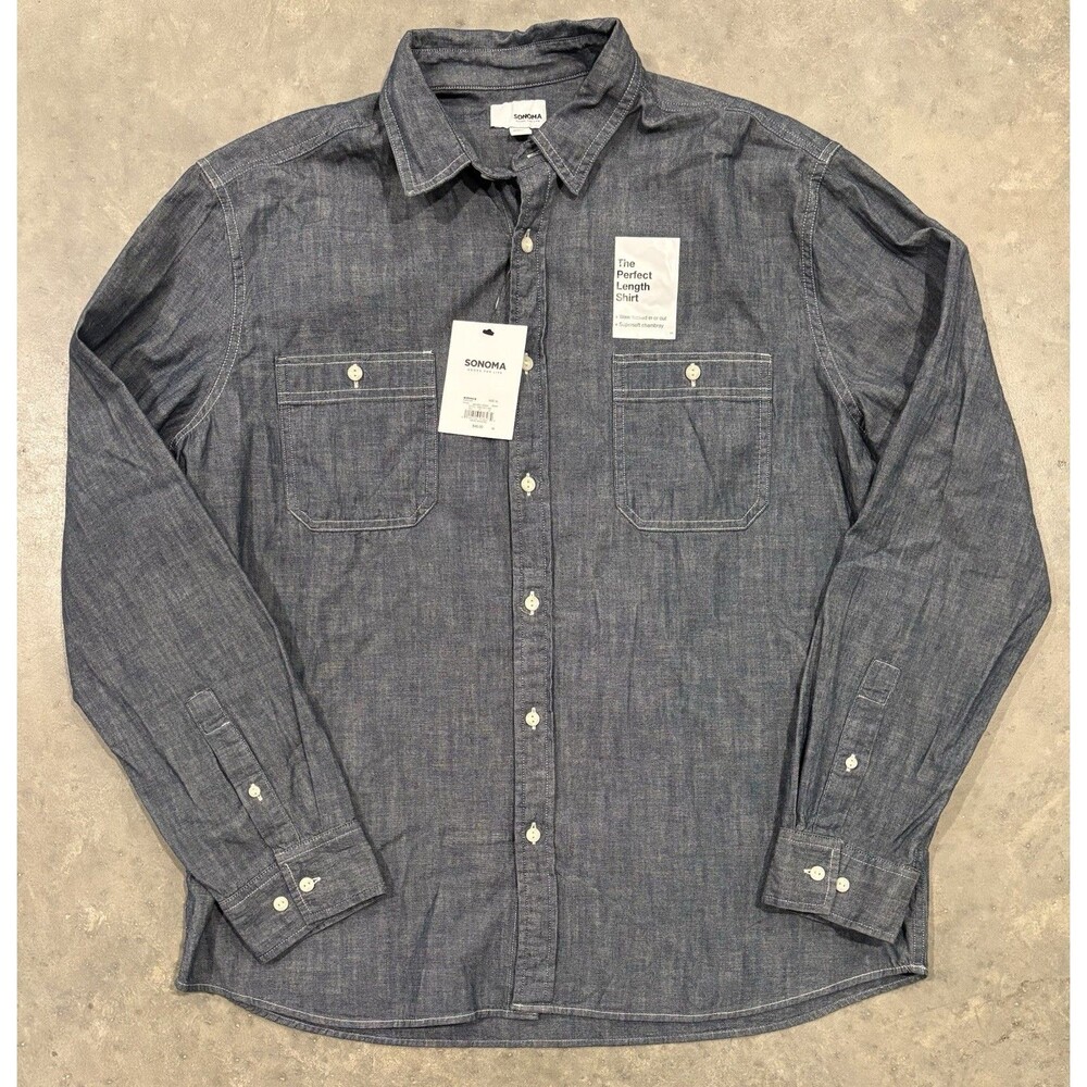 NWT Sonoma The Perfect Length Mens XL Button Down Shirt Blue Chambray